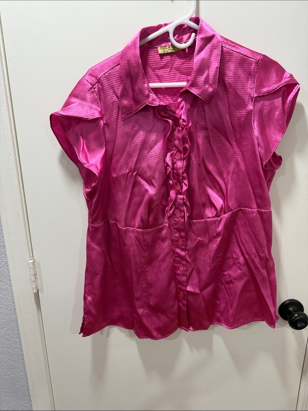 Fuchsia Short-Sleeve Ruffle-Front Blouse - Picture 7 of 8